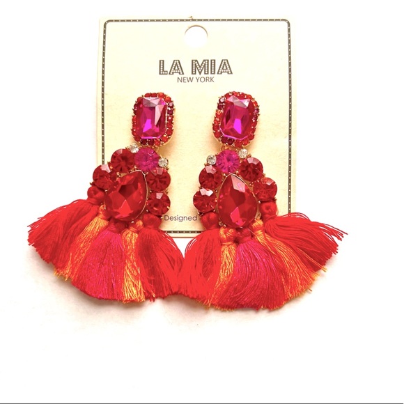 SOLD OUT🆕La Mia RED & FUCHSIA CRYSTAL TASSEL EARRINGS - Picture 3 of 3